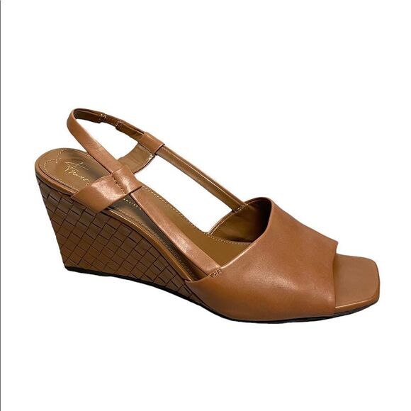 FRANCO SARTO Cognac Leather Square Toe Wedge Summer Sandals 11.5 - Picture 1 of 12